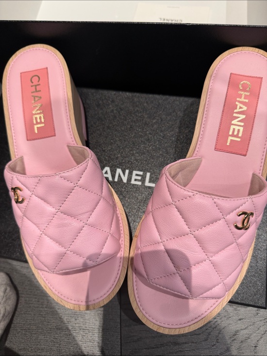CHANEL Shoes - CHANEL Pink Quilted Leather Slide Mules with Gold CC